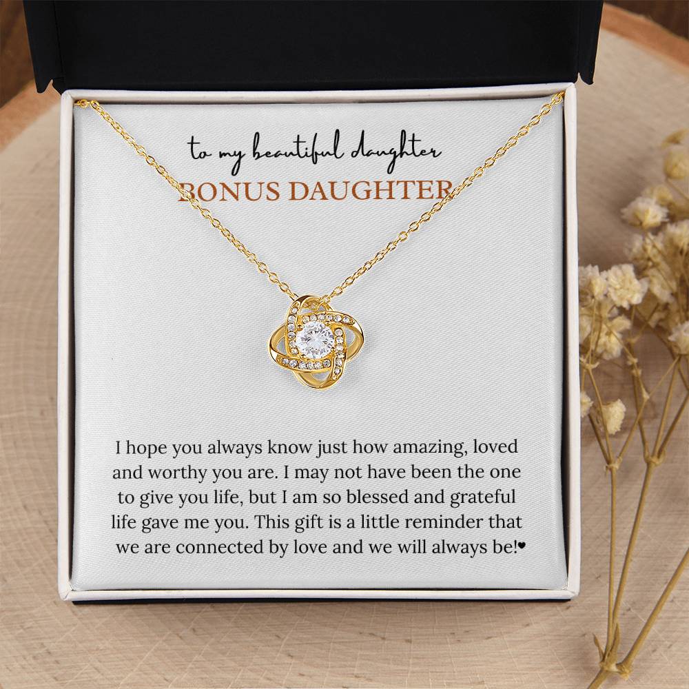 To My Wonderful Bonus Daughter – “Connected by Love” Love Knot Necklace