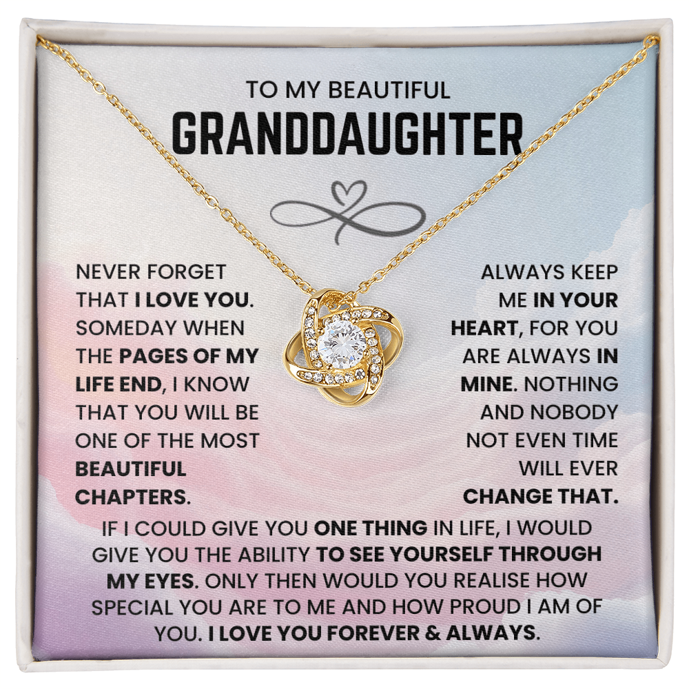 To My Beautiful Granddaughter – “Forever in My Heart” Love Knot Necklace