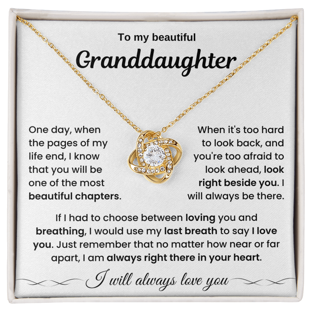 To My Beautiful Granddaughter – “Always in My Heart” Love Knot Necklace