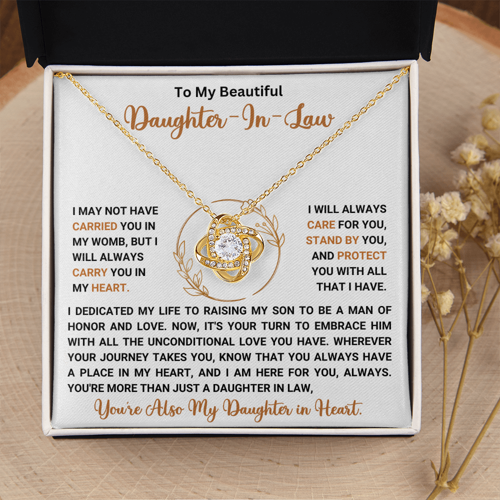 To My Duaghter-In-Law "I Will Always Carry You In My Heart" Love Knot Necklace