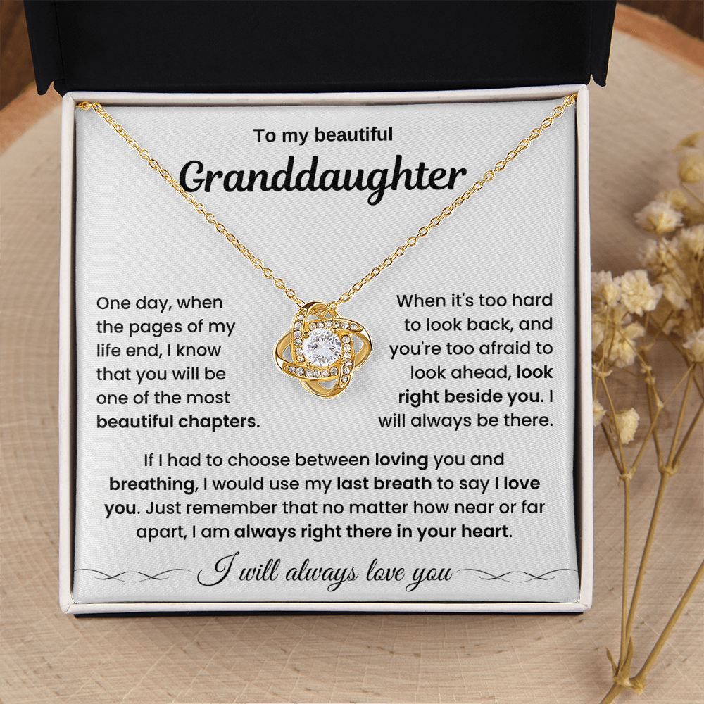 To My Beautiful Granddaughter – “Always in My Heart” Love Knot Necklace