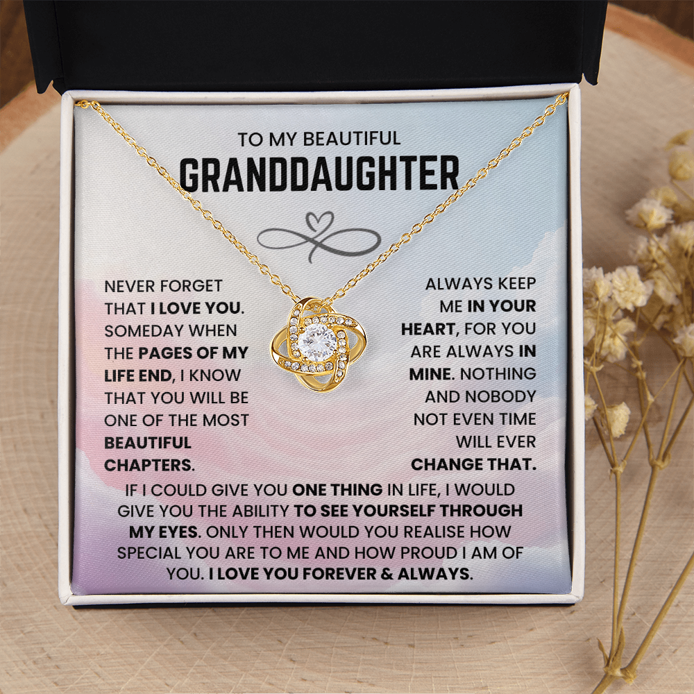 To My Beautiful Granddaughter – “Forever in My Heart” Love Knot Necklace