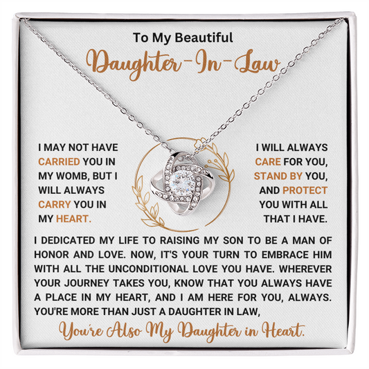 To My Duaghter-In-Law "I Will Always Carry You In My Heart" Love Knot Necklace
