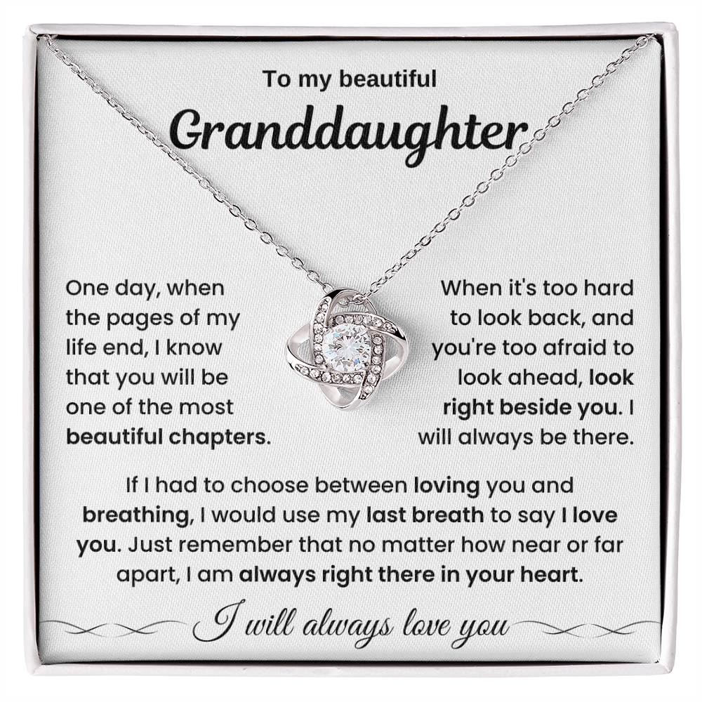 To My Beautiful Granddaughter – “Always in My Heart” Love Knot Necklace
