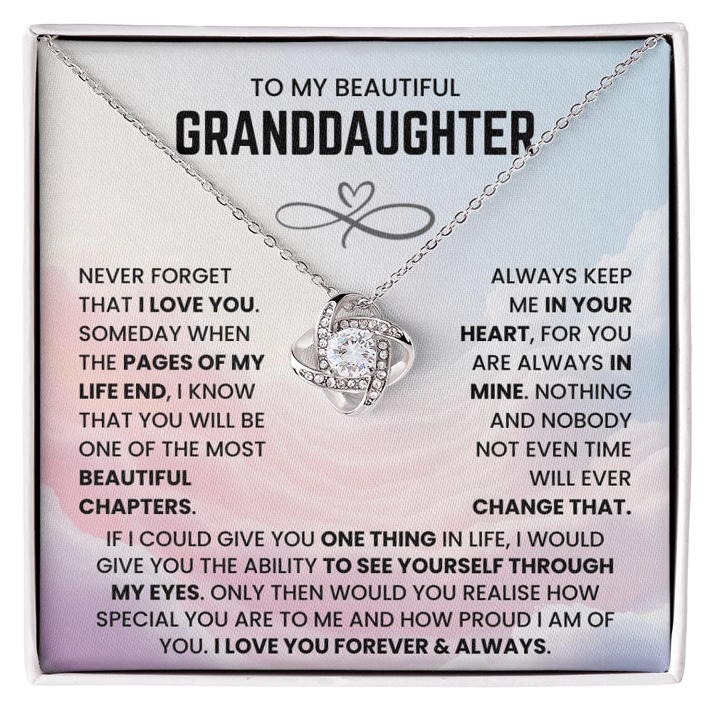 To My Beautiful Granddaughter – “Forever in My Heart” Love Knot Necklace