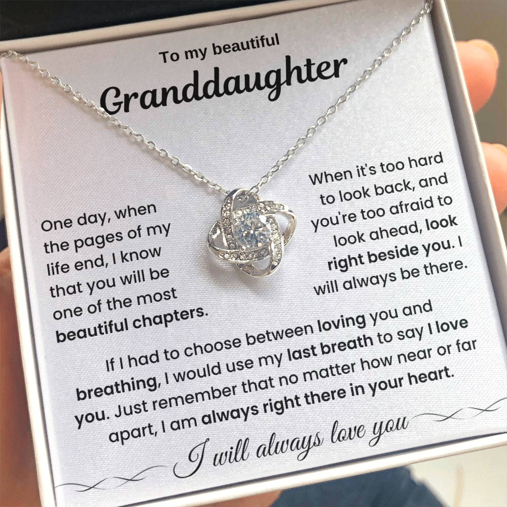 To My Beautiful Granddaughter – “Always in My Heart” Love Knot Necklace