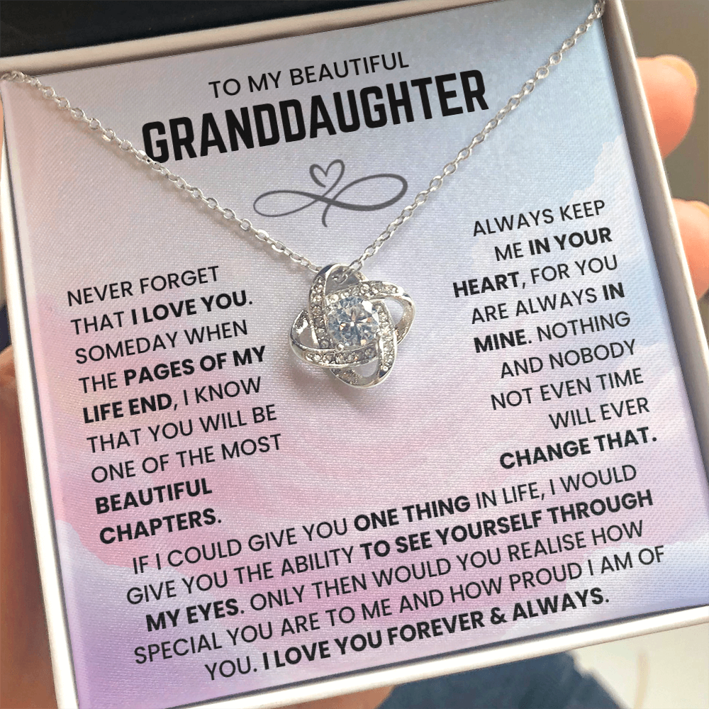 To My Beautiful Granddaughter – “Forever in My Heart” Love Knot Necklace