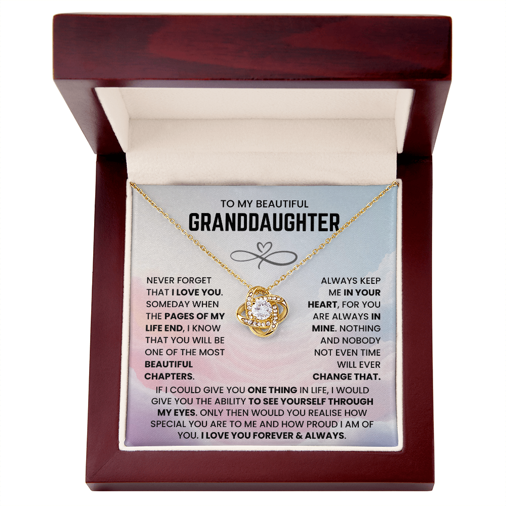 To My Beautiful Granddaughter – “Forever in My Heart” Love Knot Necklace