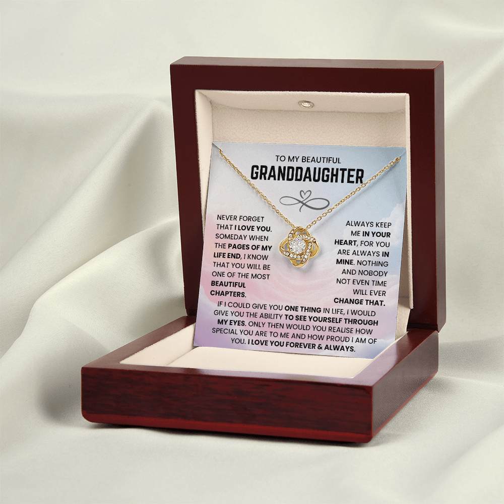 To My Beautiful Granddaughter – “Forever in My Heart” Love Knot Necklace