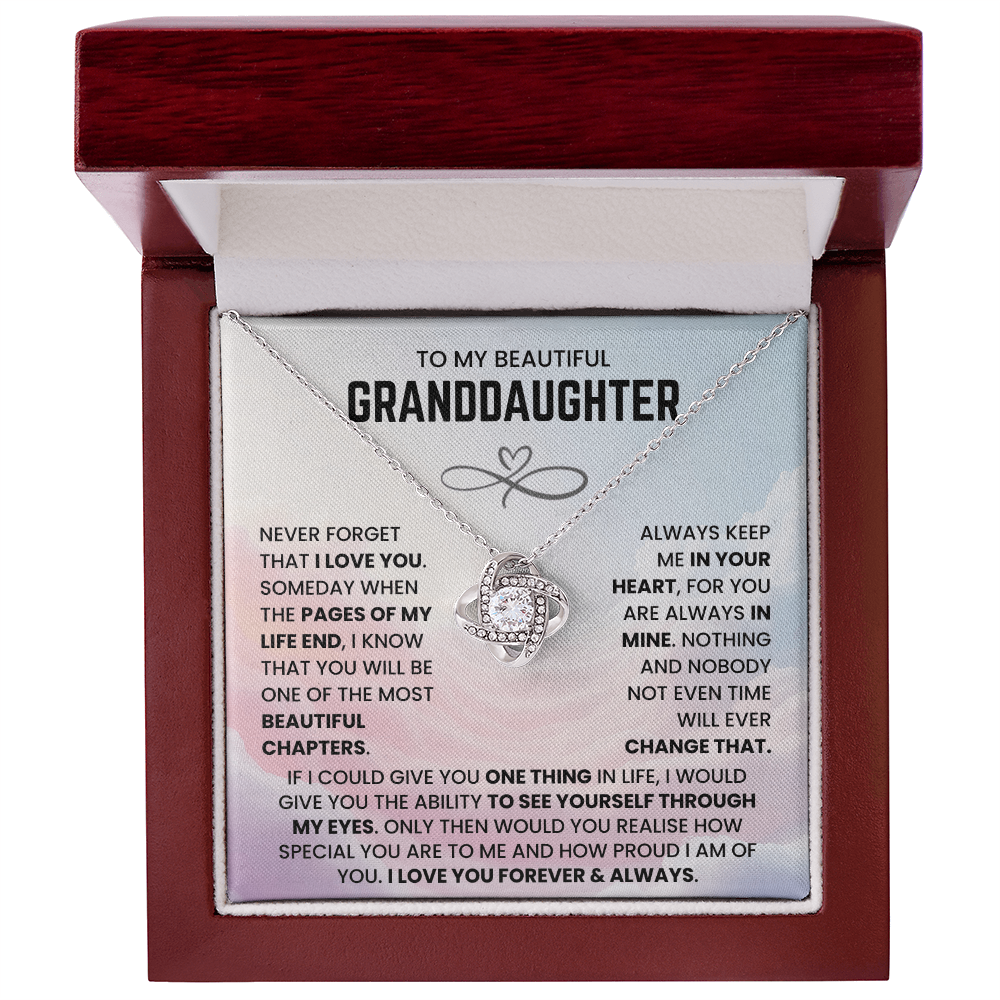 To My Beautiful Granddaughter – “Forever in My Heart” Love Knot Necklace