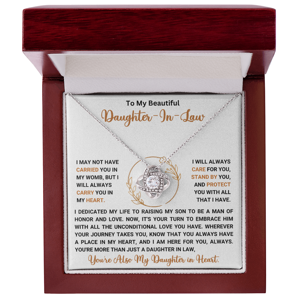 To My Duaghter-In-Law "I Will Always Carry You In My Heart" Love Knot Necklace