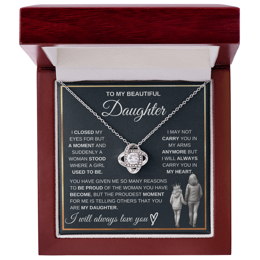 To My Beautiful Daughter – "Always Carry You in My Heart" Love Knot Necklace