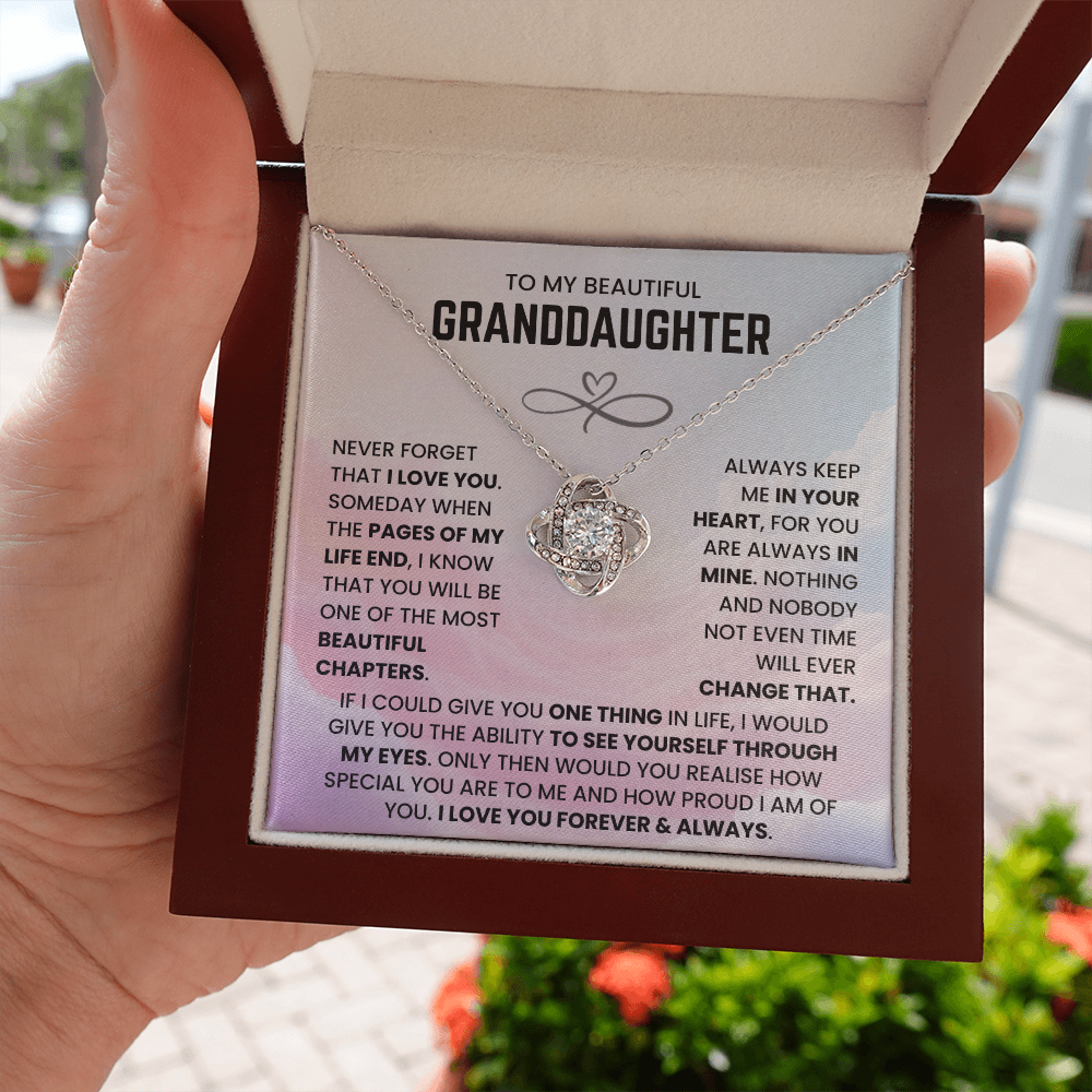 To My Beautiful Granddaughter – “Forever in My Heart” Love Knot Necklace