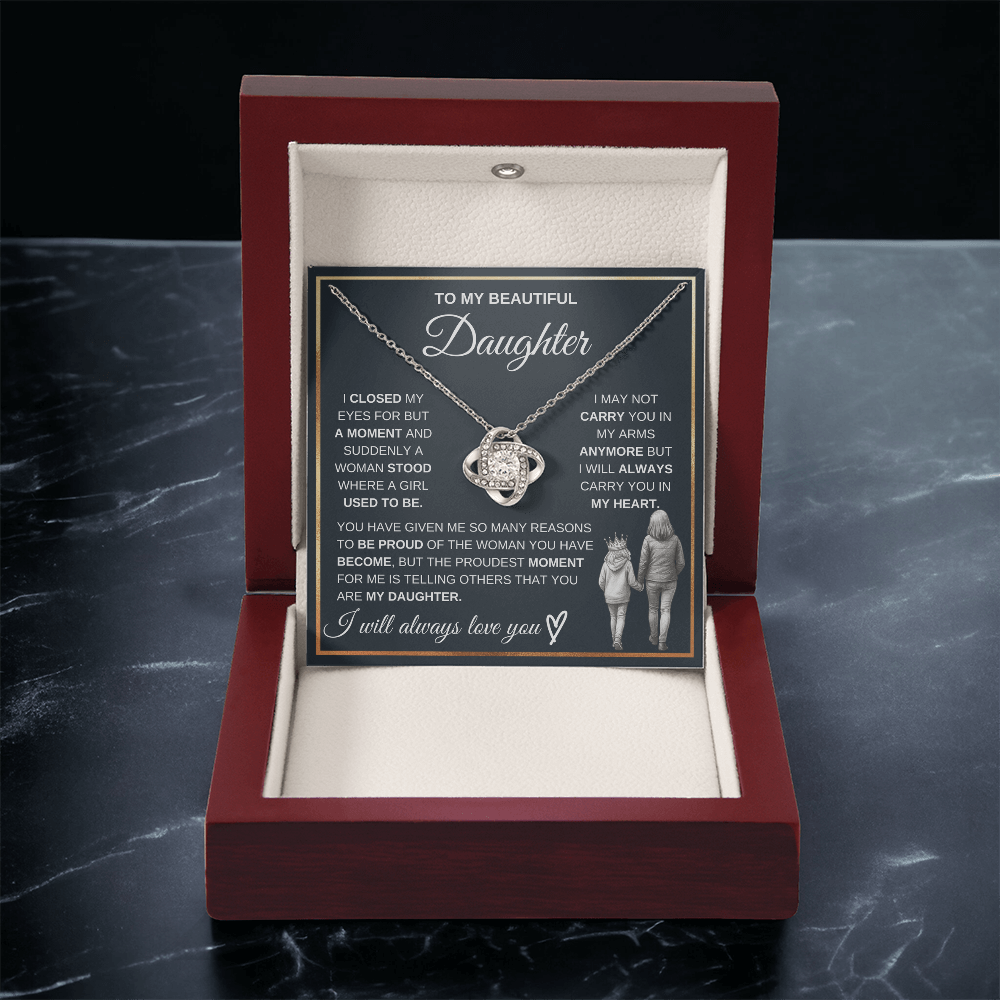 To My Beautiful Daughter – "Always Carry You in My Heart" Love Knot Necklace